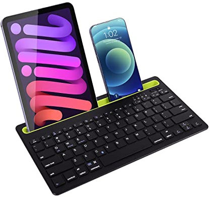 Justdfine Clavier sans Fil Clavier Bluetooth Double Canal Clavier Mini Silencieux Rechargeable QWERTY Clavier avec Support à rainure Portable pour Windows,Android,iOS,Pad,Smartphone,Tablette-Noir