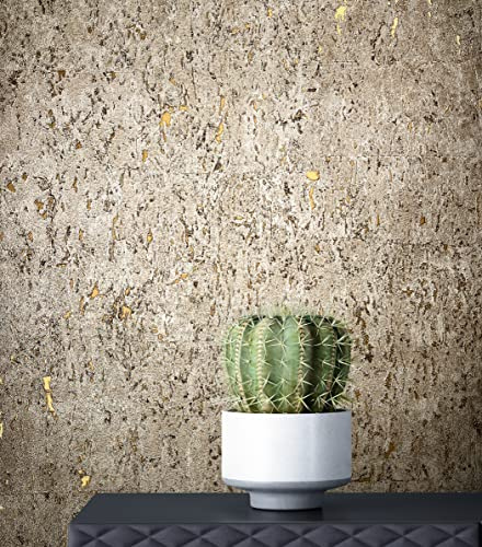 Newroom Vliestapete Mustertapete Grau Korkoptik Wohnzimmer | Grobe Korkstruktur mit goldenen Sprenkeln, Metallic-Schimmer, Glanzpartikel, Naturoptik, Industrial Loft, ansatzfrei, Flur