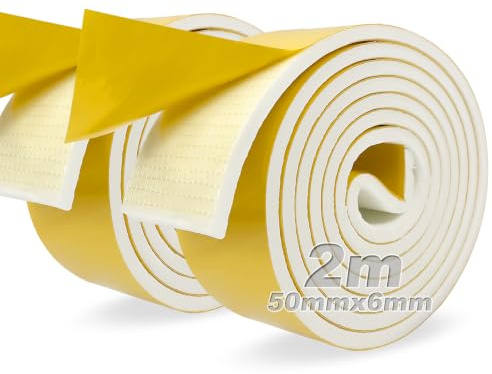 Moosgummi Selbstklebend Weiß Dichtungsband Selbstklebend 50 mm(B) x6 mm(D) Schaumstoff Klebeband für Fenster Türen Siegel Anti-Kollision Schalldämmung 2 Rollen je 2 m lang