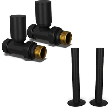 UK Radiators Round Thermostatic Radiator Valve 1/2 x 15mm - W/Pipe Covers | Black Finish - Pair of Valves Included - Solid Brass 1/2 x 15mm Straight - with 130mm Pipe Covers - Manual Control