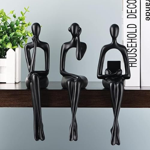 XYQXYQ Resin Thinker Statues Decor, 3pcs Abstract Sitting Sculptures, Bookshelf Desk Figurines, Home Office Living Room Shelf Accents, Gold Centerpiece Table Decorations (Black)