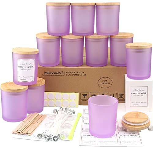 MILIVIXAY Paquete de 12 tarros de cristal esmerilado de 7 onzas con tapas y kits de fabricación de velas, tarros vacíos a granel para hacer velas, recipientes de especias y polvo.