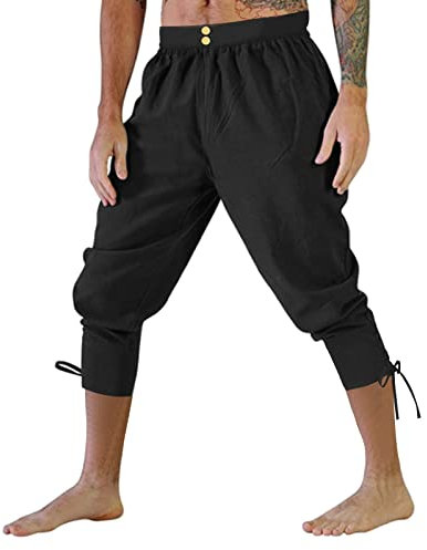 Pantalon médiéval viking de pirate pour homme - Lacets - Bande de cheville - Pantalon fuselé - Pantalon de cosplay - Pantalon décontracté en coton et lin avec cordon de serrage élastique - Avec