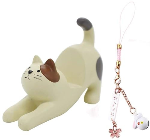 Kopida Mini-Katzen-Handy-Halterung für Schreibtisch, Smartphone-Schreibtischhalter mit Hasenglocke, Sakura-Handyanhänger, Desktop-Ständer, Kunstharz, niedliches Tier-Desktop-Zubehör, Geschenk für
