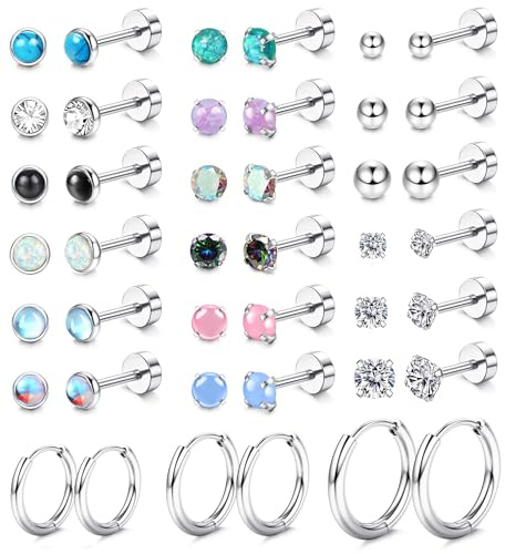 JeweBella 21Pairs Petites Boucles d'Oreilles Femme Acier Chirurgical Zirconia Opale Pierre de Lune Clous d'oreilles Hypoallergénique Boucles d'oreilles Créoles Argent Piercing Cartilage Oreille