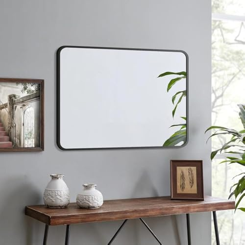WOWINNE Spiegel Schwarz 50x70 cm Rechteckiger Wandspiegel mit Metallrahmen Badspiegel Badezimmerspiegel Dekorative Spiegel für Badezimmer Wohnzimmer Schlafzimmer Gäste WC