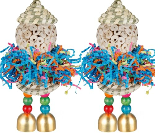 BBjinronjy 2PCS Bird Toys Parrot Foraging Shredder Hanging Toys Sola Balls with Bell for Small Parrots, Parakeets, Cockatiel, Conures, Love Birds, Budgie Cage Toy (Hat Girl Big) (Natural Hats)