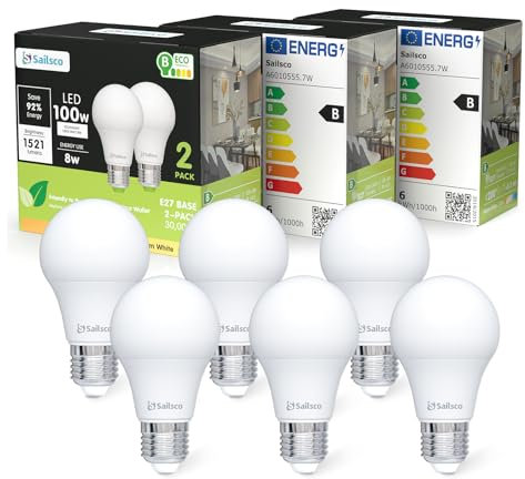 sailsco Klasse B E27 LED Warmweiss Lampe,8W 2700K 1521 Lumen Warmweiß Lampen,A60 Energiesparlampe 100W Glühbirne Ersetzt,Nicht Dimmbar Leuchtmittel,6 Stück