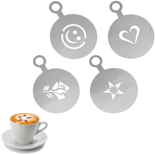 HSIXHAF Kaffeeschablonen aus Edelstahl, 4 Pcs Kaffee-Dekorationsschablone Cappuccino schablonen Kaffee schablonen Kaffee Latte Art Schablonen tortenschablone, Sterne, Herzen, Lächeln, Rosen
