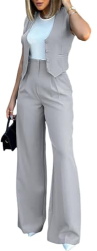 iSpchen Ensemble de vêtements pour Femme, Nouveau Costume de Gilet à la Mode, Pantalon Large décontracté pour Le Trajet au Bureau,Gris Clair,M