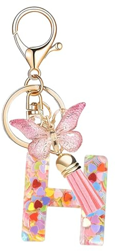 Nodigao Schlüsselanhänger mit Schlaufen für Mädchen Damen Frauen mit Quasten Rosa Schmetterling Buchstabe Schlüssel Taschenanhänger