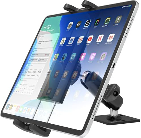 LYFPOOM Heavy Duty Drill Base Tablet Holder for Car/Truck - [Metal 360° Adjustable Arm] Dashboard Tablet Car Mount for Semi/Business Vehicle/Desk/Wall, for 4.7-13 iPad Pro/Air/Mini/Galaxy Tab/Phone