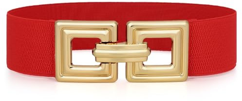 WHIPPY Damen Breiter Elastischer Taillengürtel Stretchy Gürtel für Kleid dehnbarer Hüftgürtel Mode Quadratischer Gold Schnalle,Rot 90cm