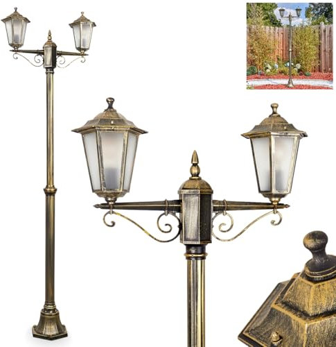Kandelaber Loria, Außenwegeleuchte aus Metall/Glas in Gold/Braun/Milchglas, klare Wechselscheiben, Leuchte im Antik/Vintage-Design für Garten/Terrasse/Hof, Höhe 200cm, 2x E27, ohne Leuchtmittel, IP44