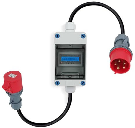 Contador de electricidad móvil, con enchufe CEE y acoplamiento, 3 × 230 V/400 V 32 A y acoplamiento, contador intermedio para caravanas, vehículos eléctricos, camping o bajo