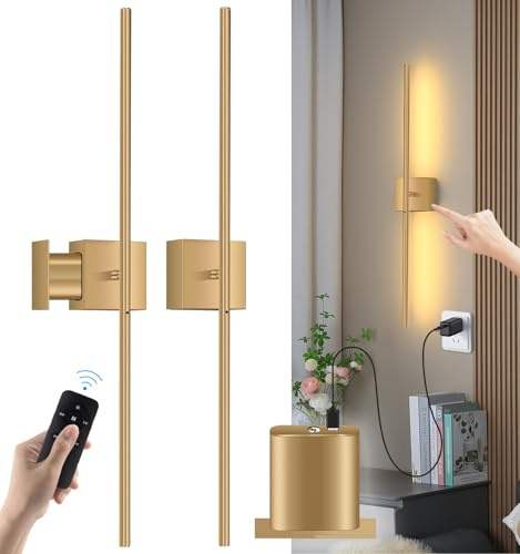 Battery Operated Wall Lights Indoor, USB Rechargeable LED Wall Lamp with Remote Control, Dimmable Touch Wall Light Wireless, Gold 80CM 350° Rotation Modern Wall Sconce for Living Room Bedroom, 2 Pack
