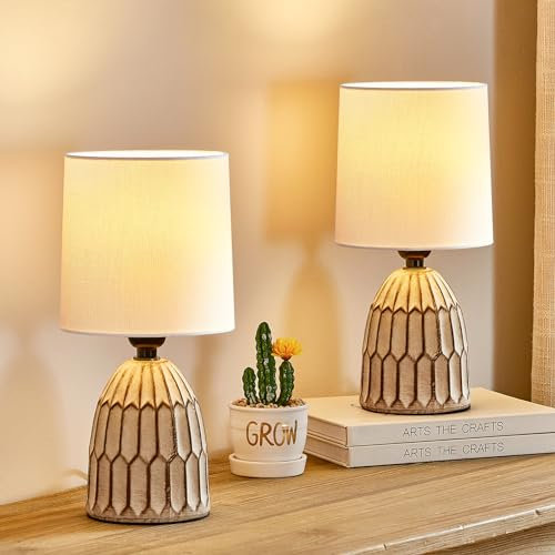 GyroVu Cermaic Table Lamp Set of 2, Boho Table Lamp for Bedside, Small Nightstand lamp with Ceramic Base and Fabric Shade for Bedroom Living Room Decoration