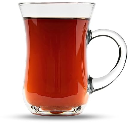 yersiz Turkish Tea Glasses with Handle Set of 6, Small Clear Glass Tea Cups for Hot & Cold Beverages, Slim Waist & Thick Base Design, Arabic Moroccan Glass Drinkware