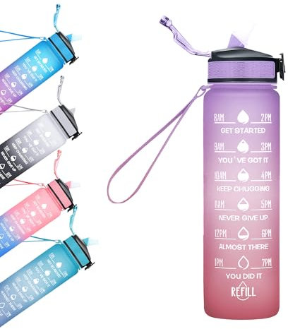 BierEx Trinkflasche 1L, BPA-Frei Tritan Wasserflasche mit Strohhalm, Sport water bottle mit Zeitmarkierung für Fitness, Schule, Yoga, Outdoor (Lila-Rosa)