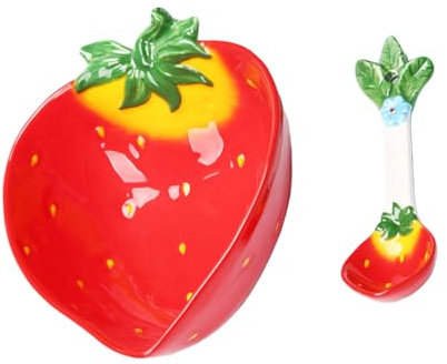 BEBEMOKO Erdbeer Design Kinderschüssel Mit Löffel Kreative Keramik Schüssel Für Junge Mädchen Für Salate Und Snacks Für Kindergarten Und Picknick - Und Leicht Zu Reinigen