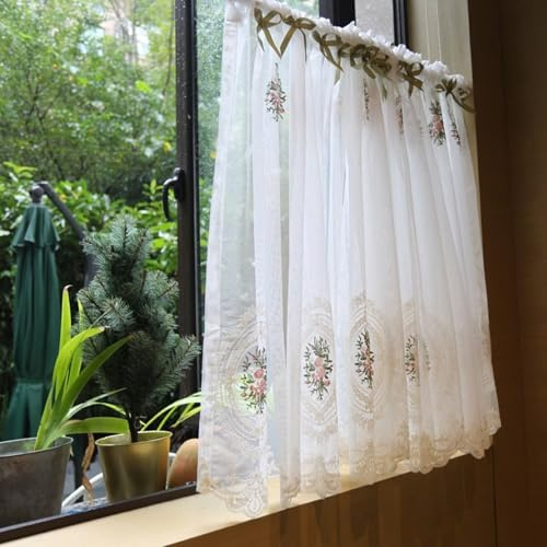 Tolldek 1er Bistrogardine Halbtransparent H93 x B250cm, Einfarbig Bestickt Blumen mit Bowknot Küchengardine Landhaus Kurz, Rod Pocket Garn Halbtransparent Gardinen Voile, Weiß Grün Rosa