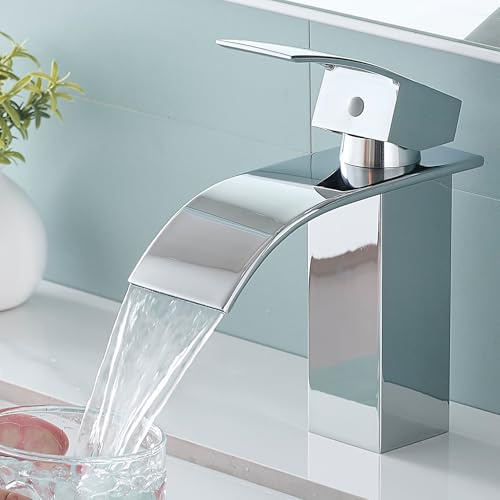 Fransiton Wasserhahn Bad, Wasserfall Waschtischarmatur mit Auslauf Höhe 60MM, Einhebelmischer für Kaltes und Warmes Wasser im Badezimmer (Chrom)