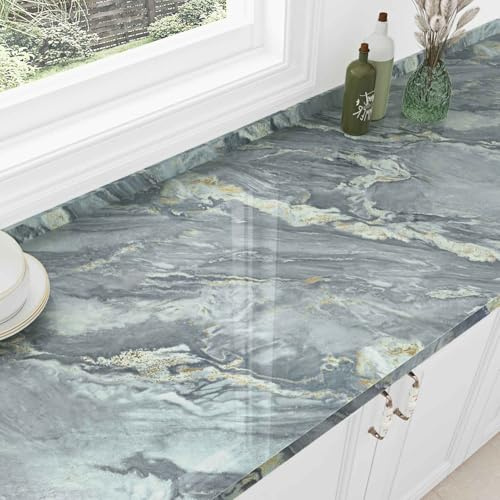 HotDecor Film Adhésif Marbre Gris Bleu Pour Meuble Papier Peint Autocollant Vinyle Adhésif Papier Adhesif Pour Meuble Cuisine Salle De Bain Revêtement Papier Peint Adhesif Impermeable 60cm x 300cm