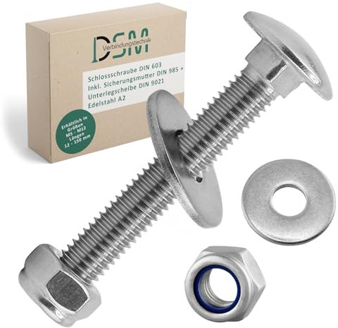 DSM – Låsskruvar M10 x 80 mm enligt DIN 603 – M10 säkerhetsmutter DIN 985 & bricka DIN 9021 – rostfritt stål A2/V2A – platt huvudskruvar med fyrkantsfäste – stoppmuttrar – 2 stycken