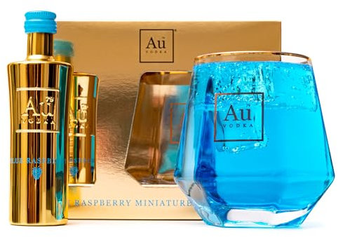 Au Vodka Gift Set - Blue Raspberry Flavoured Vodka 5cl Miniature & Diamond Cut Gold Glass - Official Licensed - Christmas, Birthday Gifts for Men and Women - Handcrafted In The UK, Alcohol Gift Set