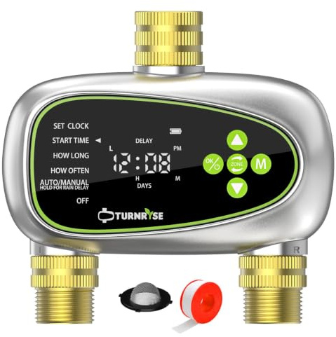 TURNRISE Programador Riego 2 Salidas con Entrada y Salida de Latón, Programador de Riego Automatico con Retraso por Lluvia/Riego Manual, Temporizador de Riego a Pilas para Jardín, Césped