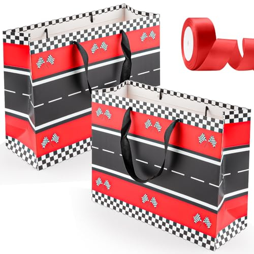 Race Car Geschenktüte Große 2Stück Schwarz Rot Geschenktasche mit Seidenband, Geschenktüte Geburtstag Jubiläum Deko