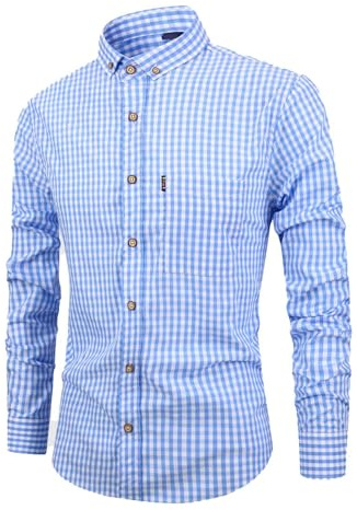 Camicia da uomo a maniche lunghe, a quadretti, da uomo, per Oktoberfest, colore blu, rosso, con tasch sul petto, camicia a maniche lunghe, classica, morbida, a quadri bavarese, combinabile, Celeste