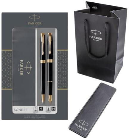 Parker Sonnet Duo Gift Set – Fountain Pen (18K Gold Nib) & Ballpoint Pen – Gloss Black with Gold Trim – With Gift Box, Branded Gift Bag & Pen Case – An Elegant Choice for Writers, Collectors and Gift-