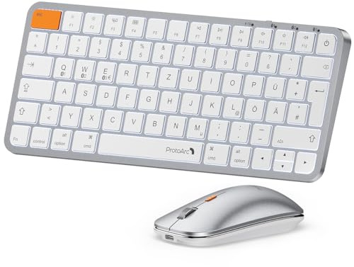 ProtoArc Belyst kompakt Bluetooth-tangentbord och mus för Mac, KM90-A multienheter, trådlöst QWERTZ-tangentbord och mus för Mac, tyst och uppladdningsbart, tangentbord för MacBook Pro/Air, iPad – vitt