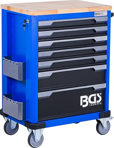 BGS 4238 | Werkstattwagen leer | 7 Schubladen | 260 kg Tragfähigkeit | Stahlblechkonstruktion | 30 mm Massivholz-Arbeitsplatte | 100 % Schubladenauszug | Zentralschloss | Rollen Ø 125 mm