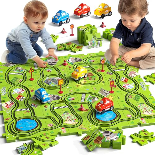 JUKUDAHU 64-teiliges Puzzle Bahnen für Kinder 3-6 Jahre | DIY Auto Rennbahn, 3 Rutsche-Autos, Stadt-Thema, Geburtstagsgeschenk, Für Jungen Mädchen Kleinkinder 5-8 Jahre