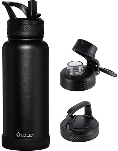 OLDLEY 1L Insulated Stainless Steel Water Bottle with Straw, Leakproof 1000ml Metal Water Bottles with 3 Lids & Handle, Double Wall Vacuum Flask Keep Hot and Cold for Sports, Travel, School (Black)