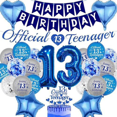 13. Geburtstag Junge Deko Ballons - 31 StüCk Blau Official Teenager Happy Birthday Banner Girlande Inflatable Foil Zahl Luftballon Tortendeko FüR 13 Jahr Geburtstagsparty Dekoration