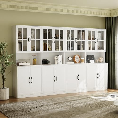 VOWNER Bücherregal mit Glastüren und offenem Fach, 180 cm Hochschrank, 5 Ebenen Bücherschrank, Standregal Vitrinenschrank, Buffetschrank mit Arbeitsplatte, 60x40x180 cm, für Wohnzimmer, Büro (4PCS)