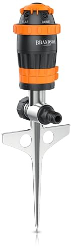 Brandson – Rasensprenger Rasensprinkler 360 Grad – fünf Sprühmuster – große Flächen – Gartensprenger 3/4 Zoll– einstellbare Sprühbreit – Edelstahl Erdspieß – einstellbare Sprühweite – Schmutzfilter