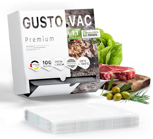 GustoVac Premium Vakuumbeutel, 100 Stk. 20x30cm Profi- Folienbeutel, Vakuumierbeutel für Vakuumierer, Kochfest & Sous Vide Gefrierbeutel, Lebensmittel Vakuumiergerät, Made in Germany, BPA-frei