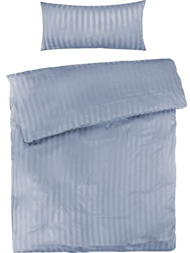Pure Label Mako Satin Damast Streifen Bettwäsche 135x200 40x80 hellblau | Waschbar bis 60°C, Reißverschluss - Atmungsaktiv & Anti-Pilling