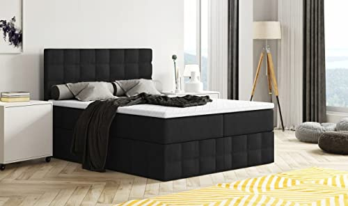 Generisch Moderne Boxspringbett MERA Premium Bett mit Bettkasten Ziernähten Bonell Matratze H3 Federkern Topper Polsterbett Doppelbett Schlafzimmer (Schwarz - Madryt 1100 (Kunstleder), 140 x 200)