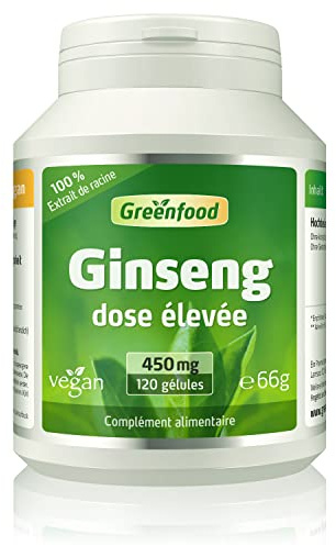 Greenfood Ginseng (ginseng sibérien), 450 mg, dose élevée, 120 gélules - Sans additifs artificiels. Sans génie génétique. Vegan.
