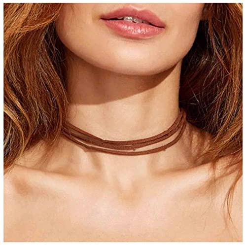 Allereya Bohemia Layered Wildleder Choker Halskette Brown Velvet Choker Halskette Short Brown Wildleder Halskette Gothic Halskette Schmuck für Frauen und Mädchen (Braun)