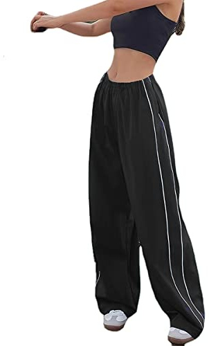 XPONNI Women's Baggy Y2K Parachute Track Pants (Black, L)