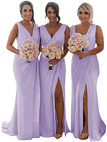 KURFACE Robes de demoiselle d'honneur de mariage à double col en V Robes longues pour femme en mousseline Robe de demoiselle d'honneur Robe de soirée formelle pour femmes, lilas, 48 Grande taille