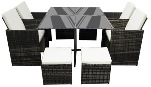 COZYBRITE Rattan Garden Furniture Set with Cube Dining Table Chairs Stool 8 Seaters for Outdoor Patio 6141-B (Dark Grey)