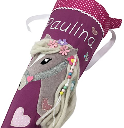 Schultüte/Zuckertüte Pferd mit Namen in bordeaux oder auch anderen Farben möglich, zur Einschulung für Mädchen, aus Stoff, mit Kissen (Schultüte mit Kissen)