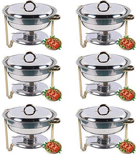 ACiyD 3.5L Chafing Dish Buffet Set, Full Size Stainless Steel Round Chafing Dish Dinner Serving Buffet Warmer Tray Set with Gold Accents for Catering Banquets(Pack of 6)